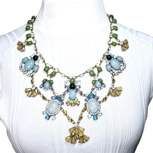 Chunky Chandelier Gold Tone Bib Statement Necklace Faceted Rhinestones Cabochons - Picture 1 of 8